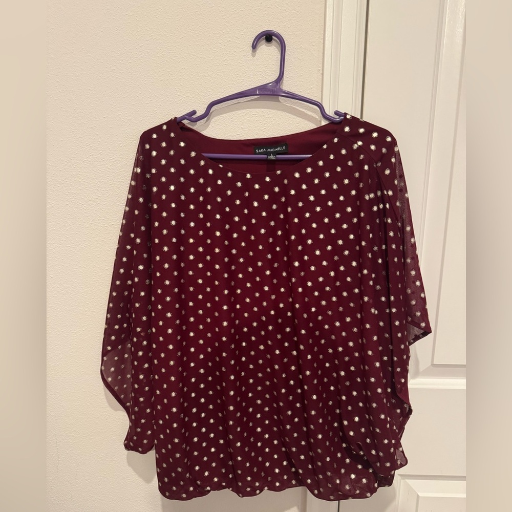Burgundy Gold Polka Dot Sheer Sleeve Blouse